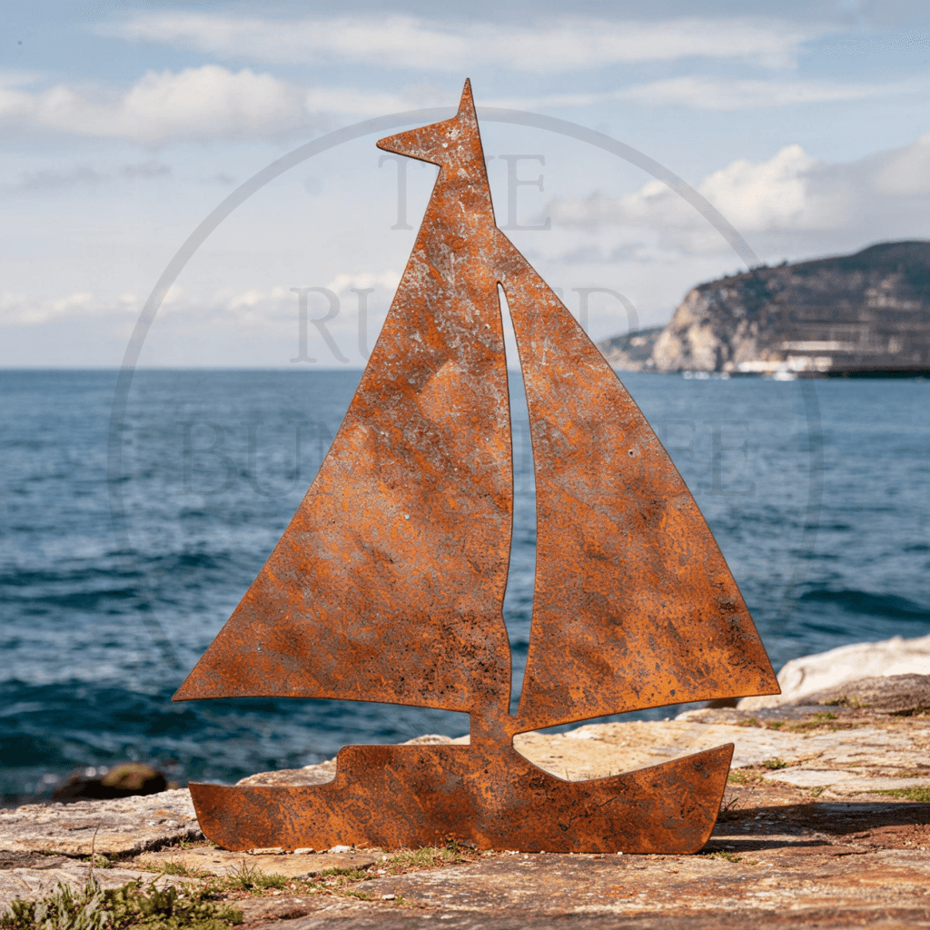 Rust-colored metal sailboat sculpture on a rocky outcrop with ocean and sky in the background