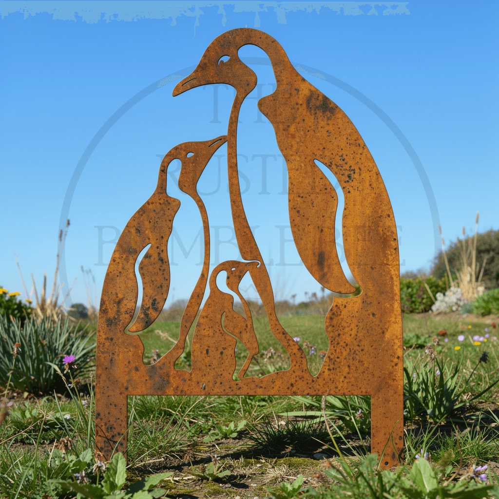 Rustic Metal Penguin Family Garden Stake