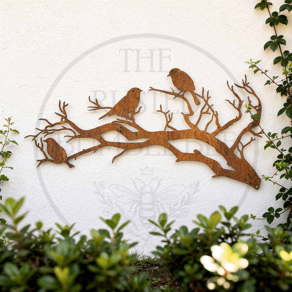 Rusted Metal Birds on Branch