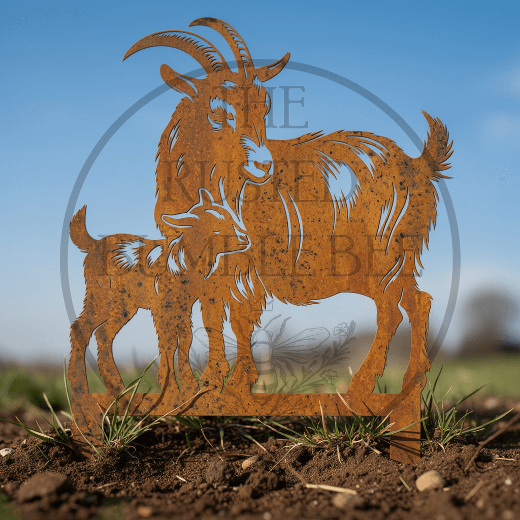 Rustic Metal Goat & Kid Garden Stake