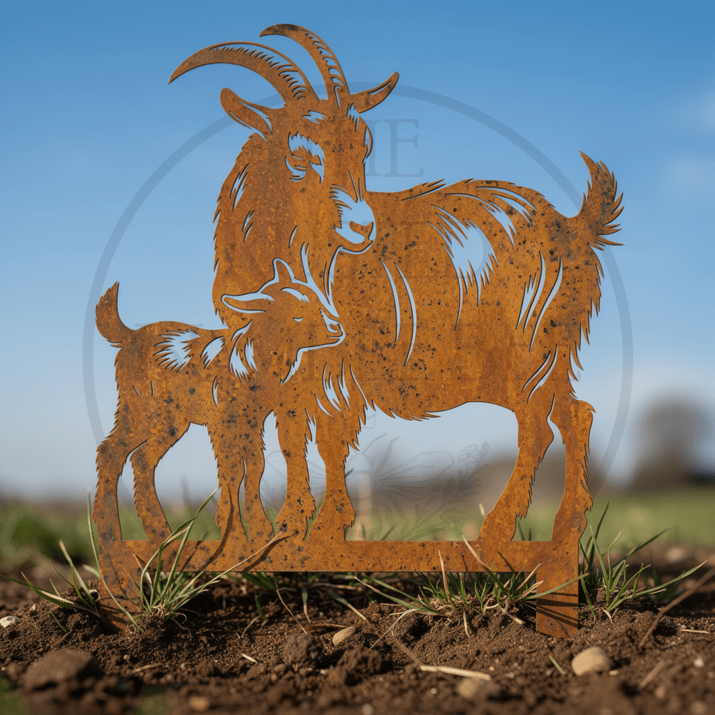 Rustic Metal Goat & Kid Garden Stake