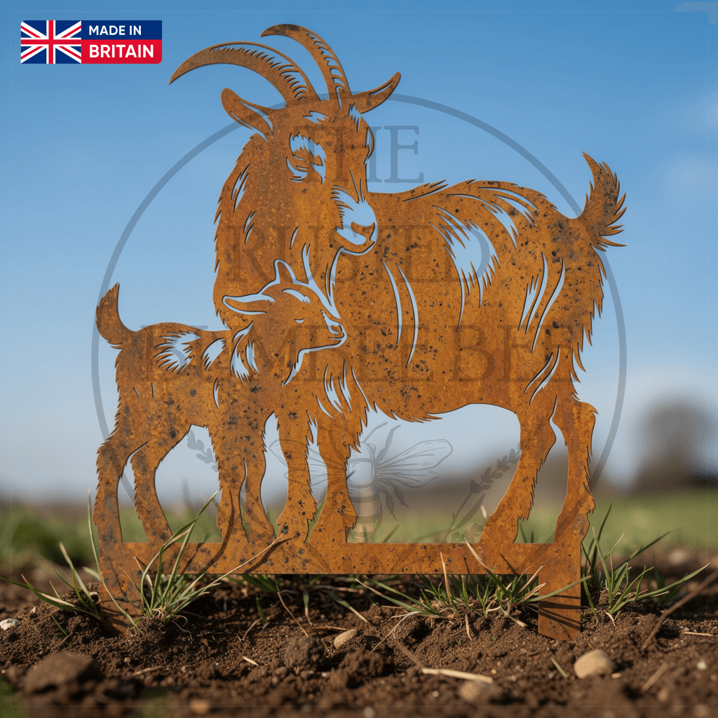 Rustic Metal Goat & Kid Garden Stake