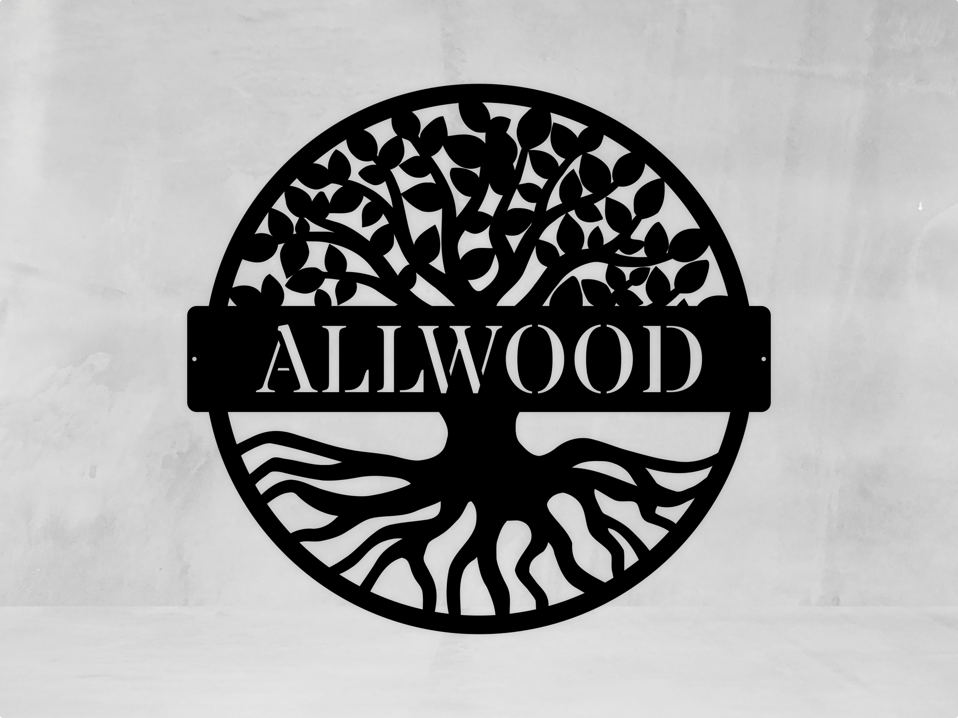 a black and white photo of a tree with a sign that says, allwood