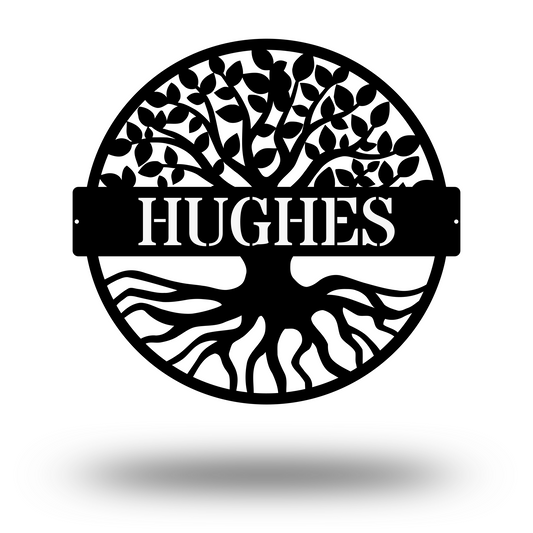 a black and white photo of a tree with a sign that says hugies