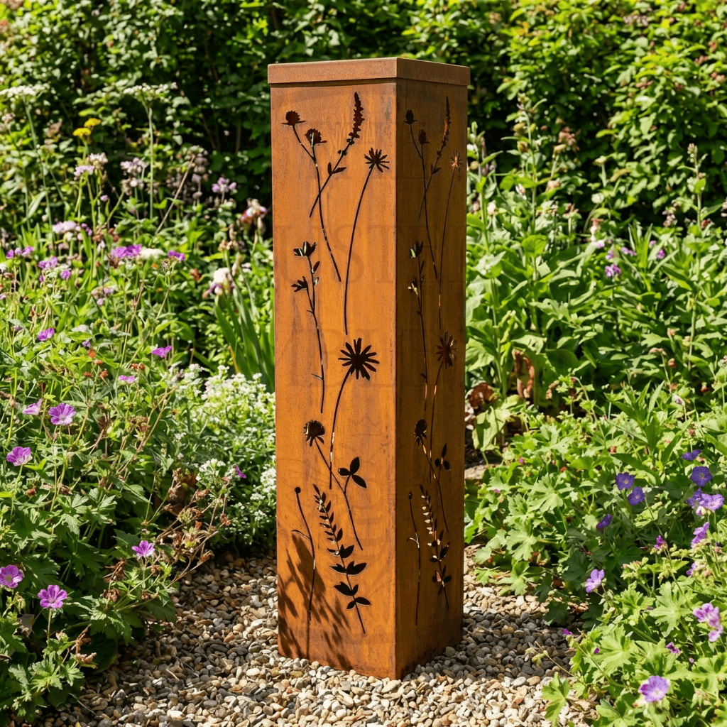 Metal Wildflower Oblong Lantern Statue
