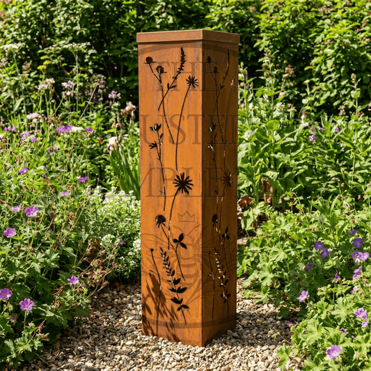 Metal Wildflower Oblong Lantern Statue