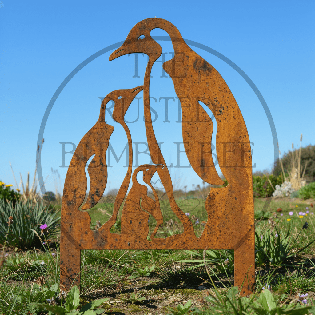 Rustic Metal Penguin Family Garden Stake