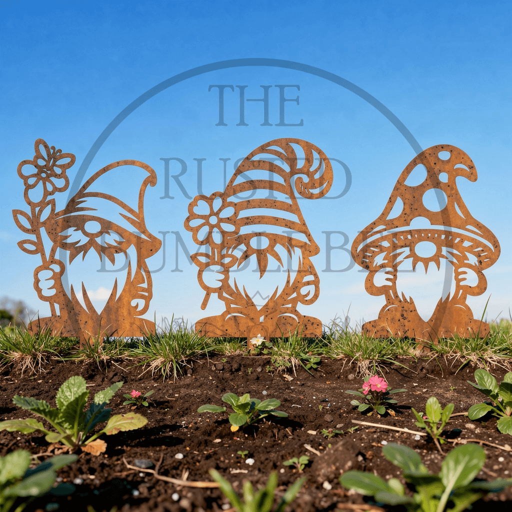 Rustic Metal Garden Gnome Stakes
