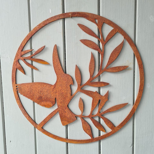 Rusted Metal Bird On Branch Wall Art