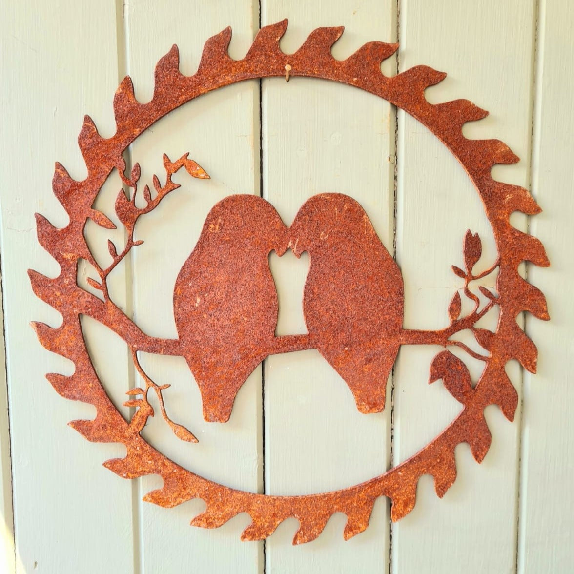 Rusted Metal Love birds In Circular Saw blade