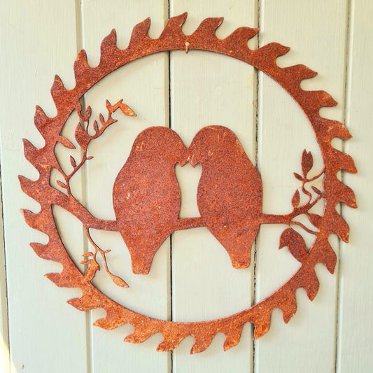 Rusted Metal Love birds In Circular Saw blade