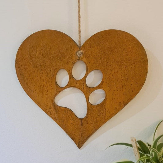 Rusted Metal Heart Paw Print