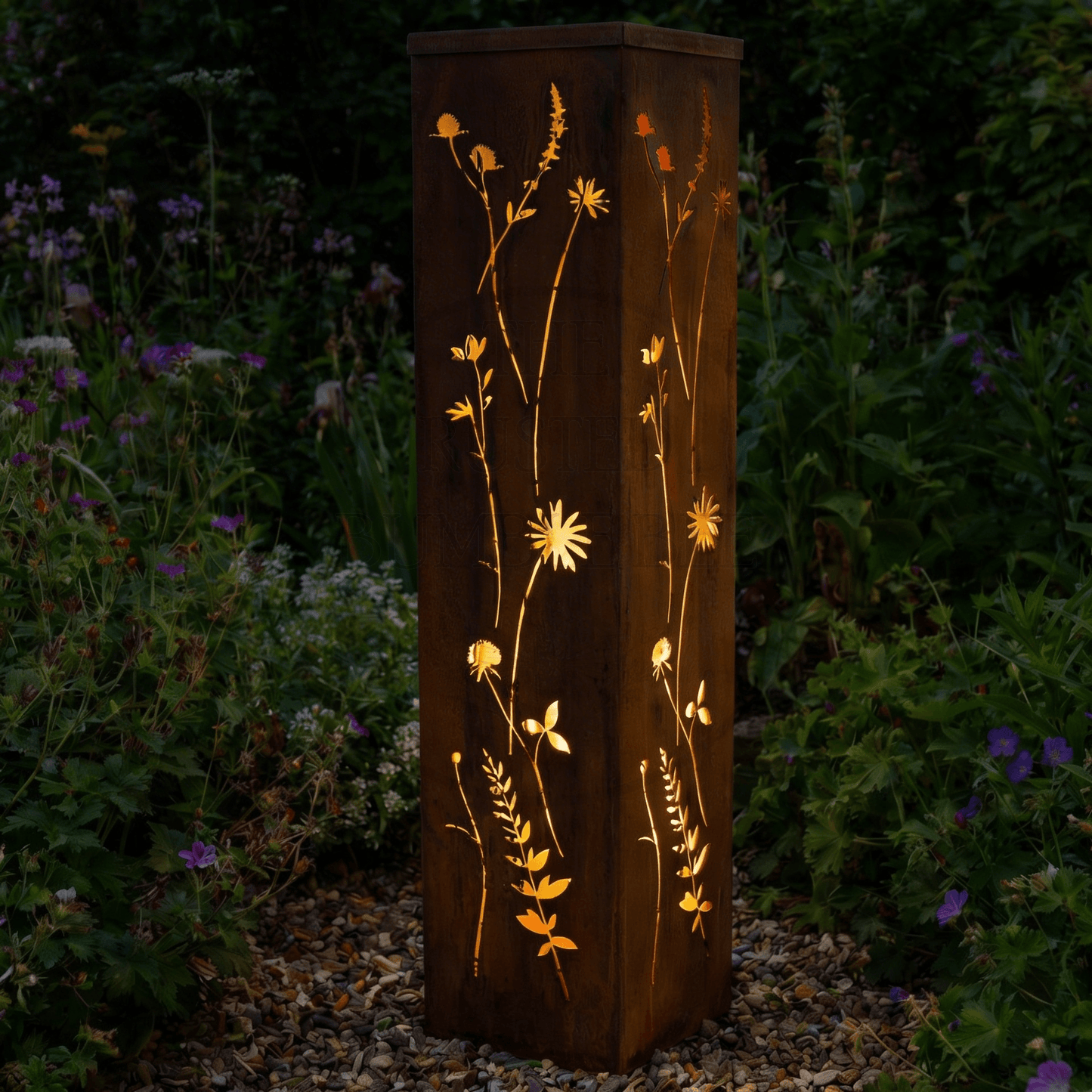 Metal Wildflower Oblong Lantern Statue