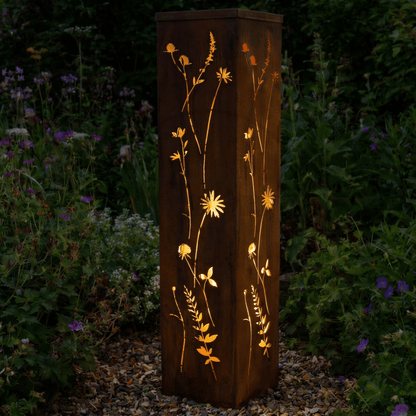 Metal Wildflower Oblong Lantern Statue