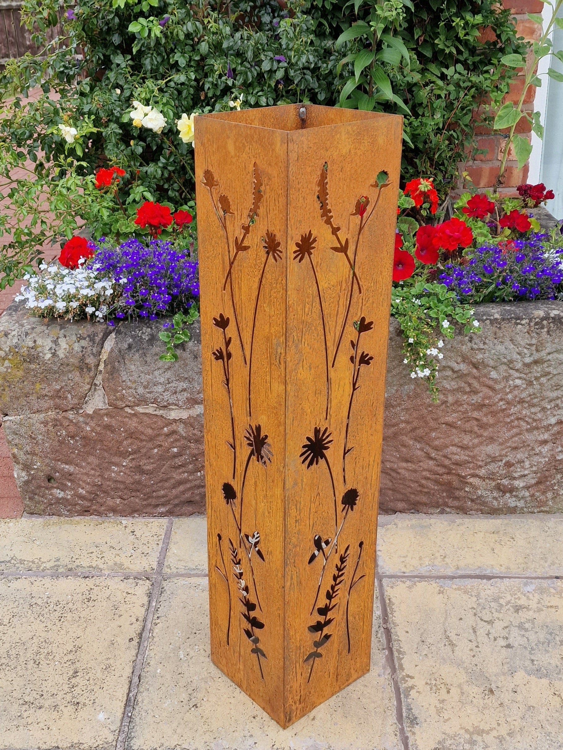 Rusted Metal Wildflower Oblong Statue