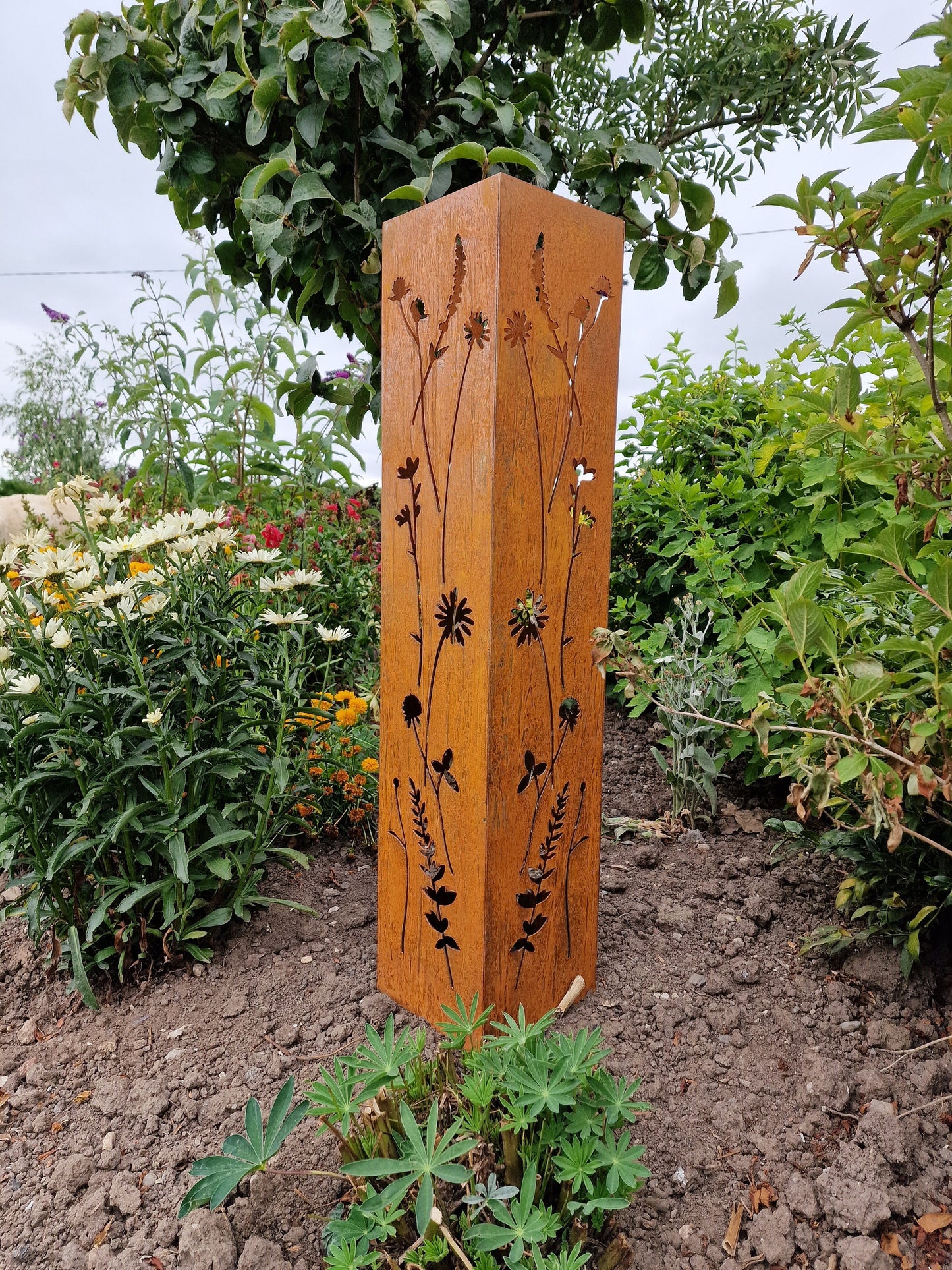 Rusted Metal Wildflower Oblong Statue